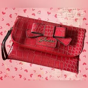 Guess Red Faux Croc Wristlet with Bow & Gold Tone Accents